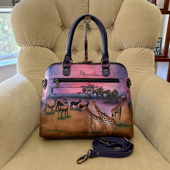 NEW Auth ANNA ANUSCHKA Hand Painted Giraffe Motif Organizer Satchel Bag - Picture 4 of 6